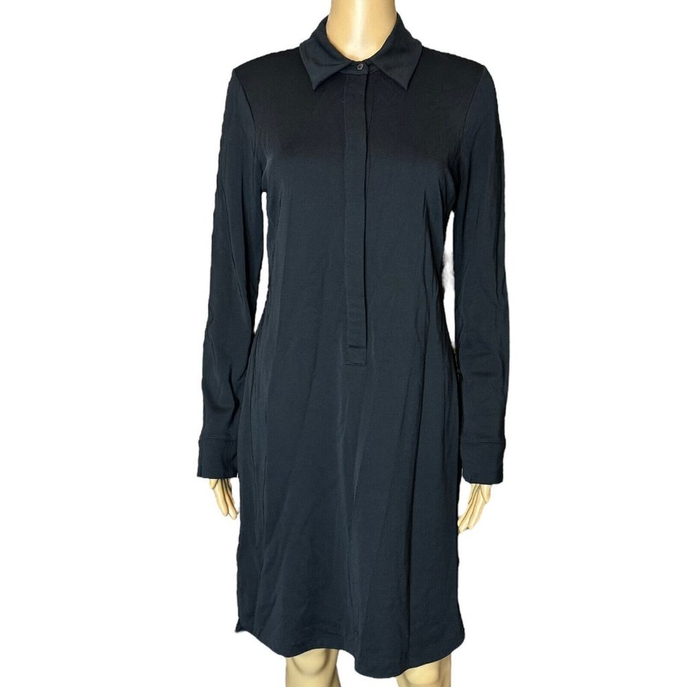 Ann Taylor Sheath Dress Medium Black Collared Knee Length Front Buttons Stretch
